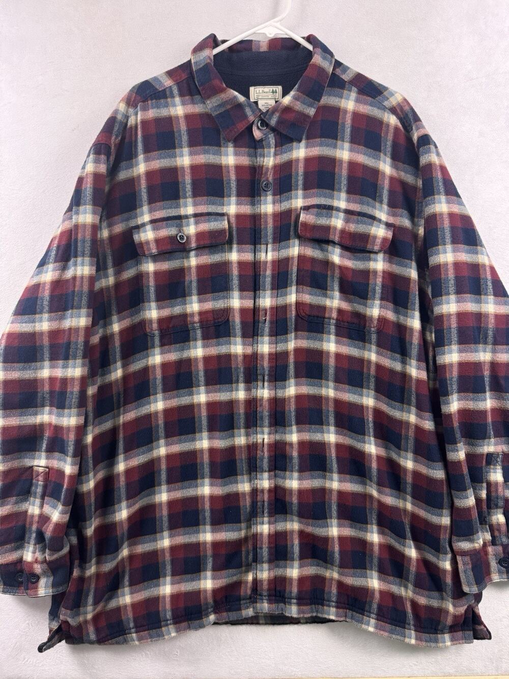 LL Bean Fleece Lined Flannel Shirt Jacket Mens XXL Plaid Shacket Red Blue Heavy